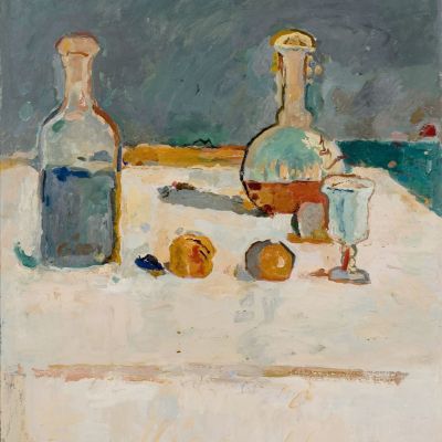 STILL LIFE WITH A GLASS AND BOTTLES, c. 1960, oil/canvas, 100x73cm