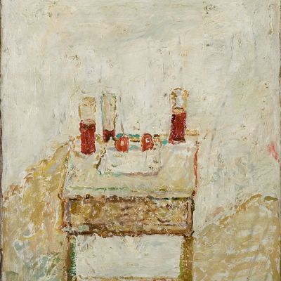 TABLE WITH GLASSES AND FRUIT, 1971, oil/masonite, 60x50cm