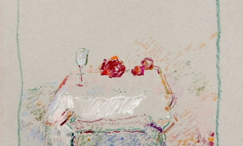TABLE WITH FRUIT AND A GLASS, pastel/paper, 65x50cm