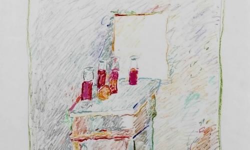 SMALL COMMODE WITH FOUR GLASSES, pastel/paper, 65x50cm