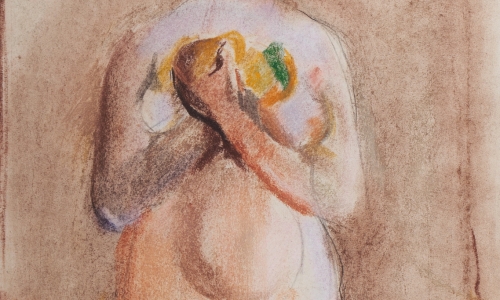 STANDING NUDE WITH FRUIT, c. 1970, pastel/paper, 63x42.5cm