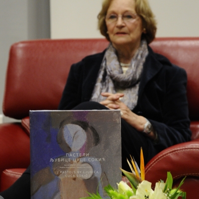 Irina Subotić speaking during the promotion of the book Pastels by Ljubica Cuca Sokić, Kragujevac, Serbia, 2012.