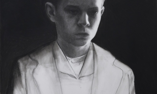 WHITE RIBBON (HOMAGE TO M.H.), 2016, charcoal on paper, 100 × 70 cm